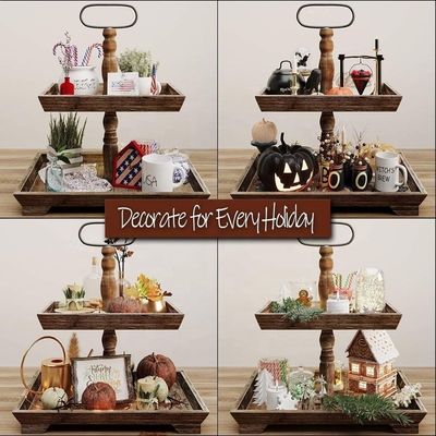 Personalización Casa de granja Tablero de madera de 2 niveles Estand para servir alimentos Frutas Cupcakes Nivel cuadrado en el restaurante Home Cake