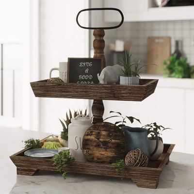Personalización Casa de granja Tablero de madera de 2 niveles Estand para servir alimentos Frutas Cupcakes Nivel cuadrado en el restaurante Home Cake