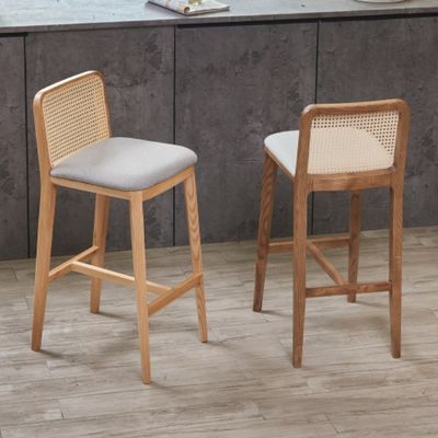 Silla de esponja de PU/tejido, taburete de bar tapicado nórdico, silla de madera, silla de rotín para bar moderno