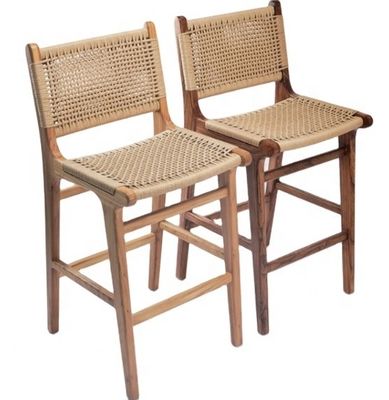 Sillón de bar moderno de asiento alto con asiento de cuerda tejida y marco acentuado de cuero