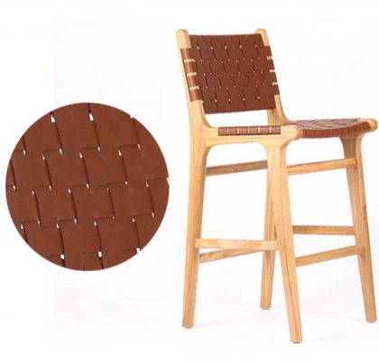 Sillón de bar moderno de asiento alto con asiento de cuerda tejida y marco acentuado de cuero