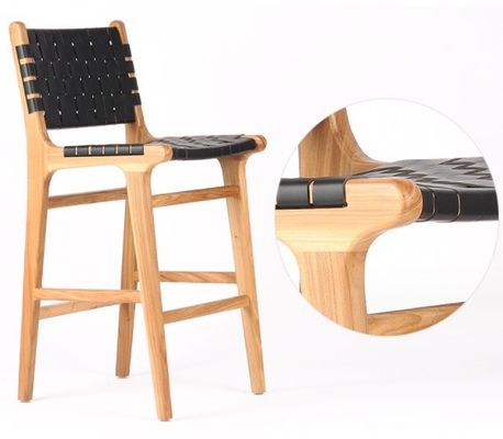 Sillón de bar moderno de asiento alto con asiento de cuerda tejida y marco acentuado de cuero