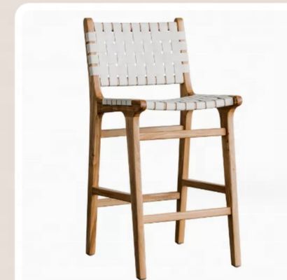 Sillón de bar moderno de asiento alto con asiento de cuerda tejida y marco acentuado de cuero