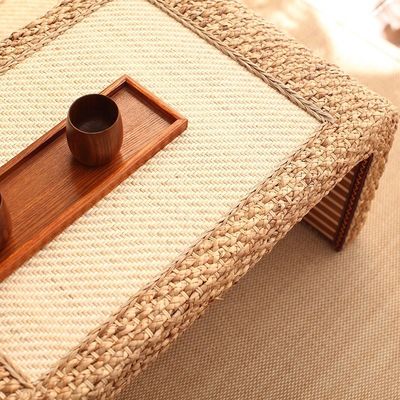 Inicio Muebles estilo de diseño moderno final marco de madera natural paja tejida estilo artístico japonés mesa de café para sala de estar