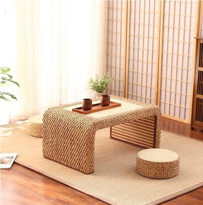 Inicio Muebles estilo de diseño moderno final marco de madera natural paja tejida estilo artístico japonés mesa de café para sala de estar