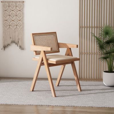 Silla de espuma de PU/tejido de madera maciza de ratan apoyabrazos Silla de comedor con asiento de caña tapizado y NO diseño plegado
