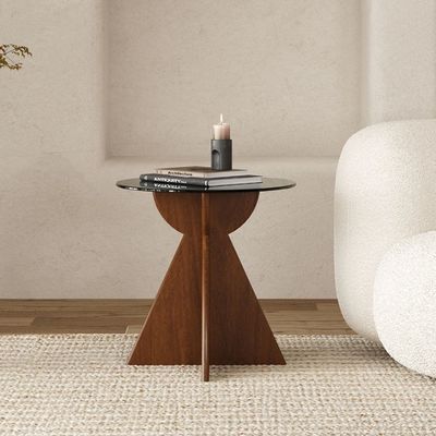 Madera maciza de madera redonda de vidrio lateral de mesa de arriba mesa de café para diseño de sala de estar Muebles generales para el hogar acabado lacado