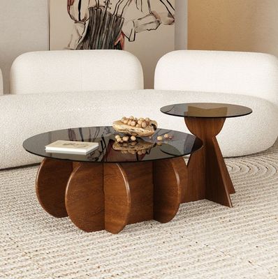 Madera maciza de madera redonda de vidrio lateral de mesa de arriba mesa de café para diseño de sala de estar Muebles generales para el hogar acabado lacado