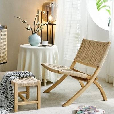 Muebles de salón de hotel estilo nórdico silla de ocio de madera maciza con cordón tejido y diseño plegable
