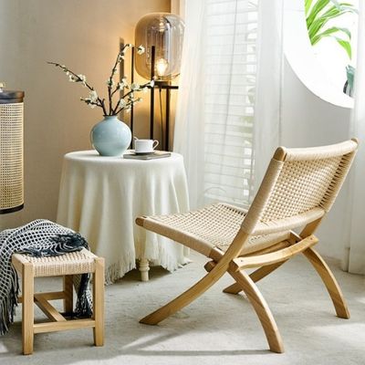 Muebles de salón de hotel estilo nórdico silla de ocio de madera maciza con cordón tejido y diseño plegable