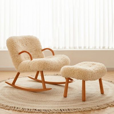Diseño moderno nórdico especial de madera sólida de madera de ceniza Material de marco de lana de cordero Tapicería de ocio Silla de sala de estar para dormitorio