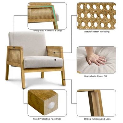 Salón moderno Silla de lujo Muebles Sofá de madera Silla con tela de lujo Terciopelo y ratán en color popular de la naturaleza