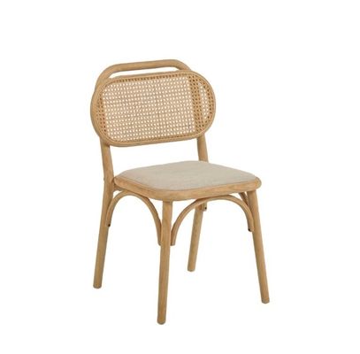 Silla de comedor de estilo vintage en madera natural con asiento de tela y respaldo de rotín real W47*D51*H82.5CM