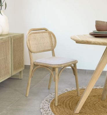 Silla de comedor de estilo vintage en madera natural con asiento de tela y respaldo de rotín real W47*D51*H82.5CM