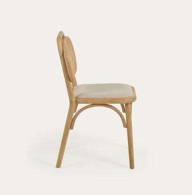 Silla de comedor de estilo vintage en madera natural con asiento de tela y respaldo de rotín real W47*D51*H82.5CM