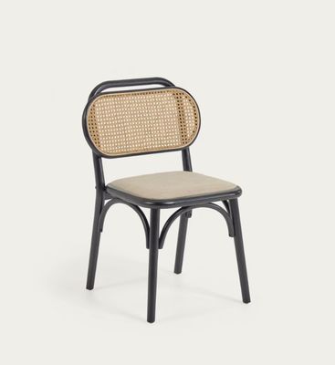 Silla de comedor de estilo vintage en madera natural con asiento de tela y respaldo de rotín real W47*D51*H82.5CM