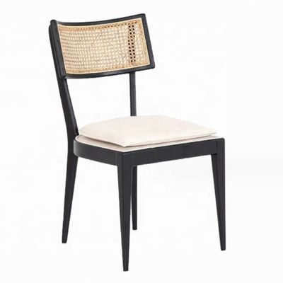 Diseño de muebles de restaurantes modernos con espalda de rotín silla de comedor de madera con tapicería de tela