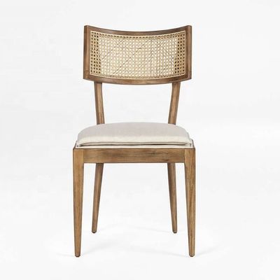 Diseño de muebles de restaurantes modernos con espalda de rotín silla de comedor de madera con tapicería de tela