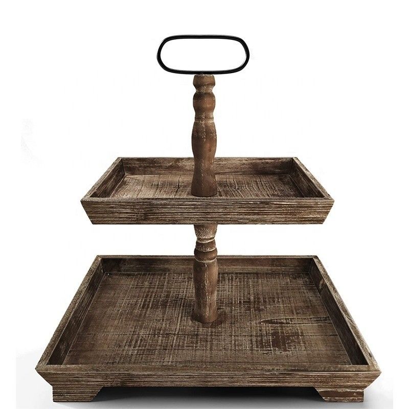 Personalización Casa de granja Tablero de madera de 2 niveles Estand para servir alimentos Frutas Cupcakes Nivel cuadrado en el restaurante Home Cake