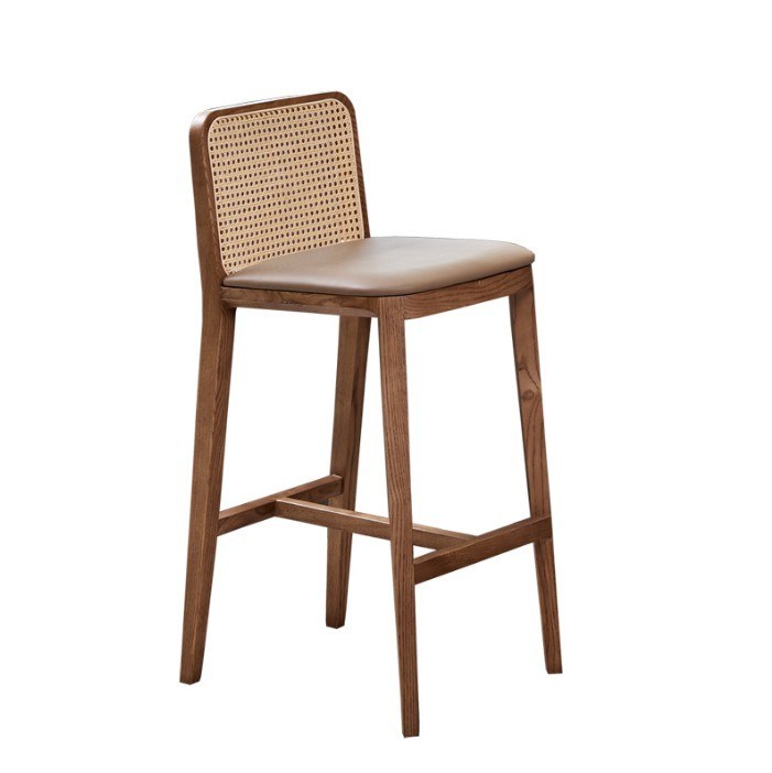 Silla de esponja de PU/tejido, taburete de bar tapicado nórdico, silla de madera, silla de rotín para bar moderno