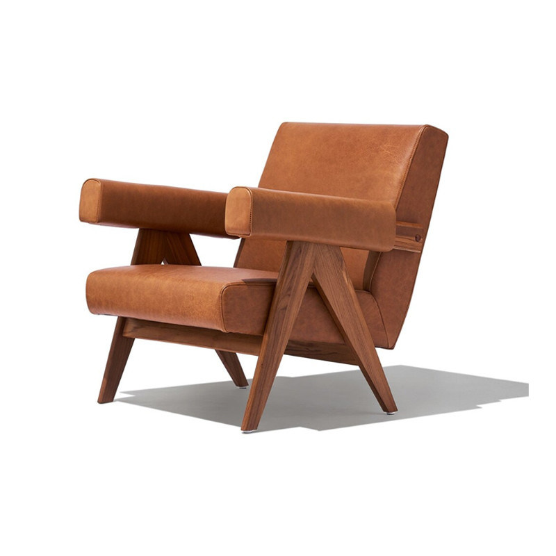 Salón de ocio Sofá de madera sólida silla con personalizado cuero de PU y marco de madera de ceniza