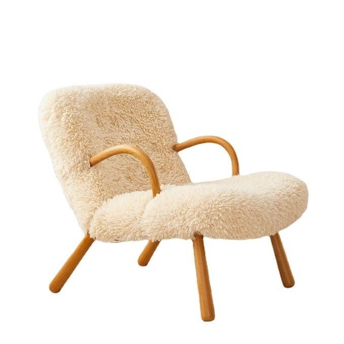 Diseño moderno nórdico especial de madera sólida de madera de ceniza Material de marco de lana de cordero Tapicería de ocio Silla de sala de estar para dormitorio